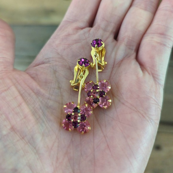 Pink Rhinestone Drop Clip-on Dangle Earrings - Picture 6 of 8
